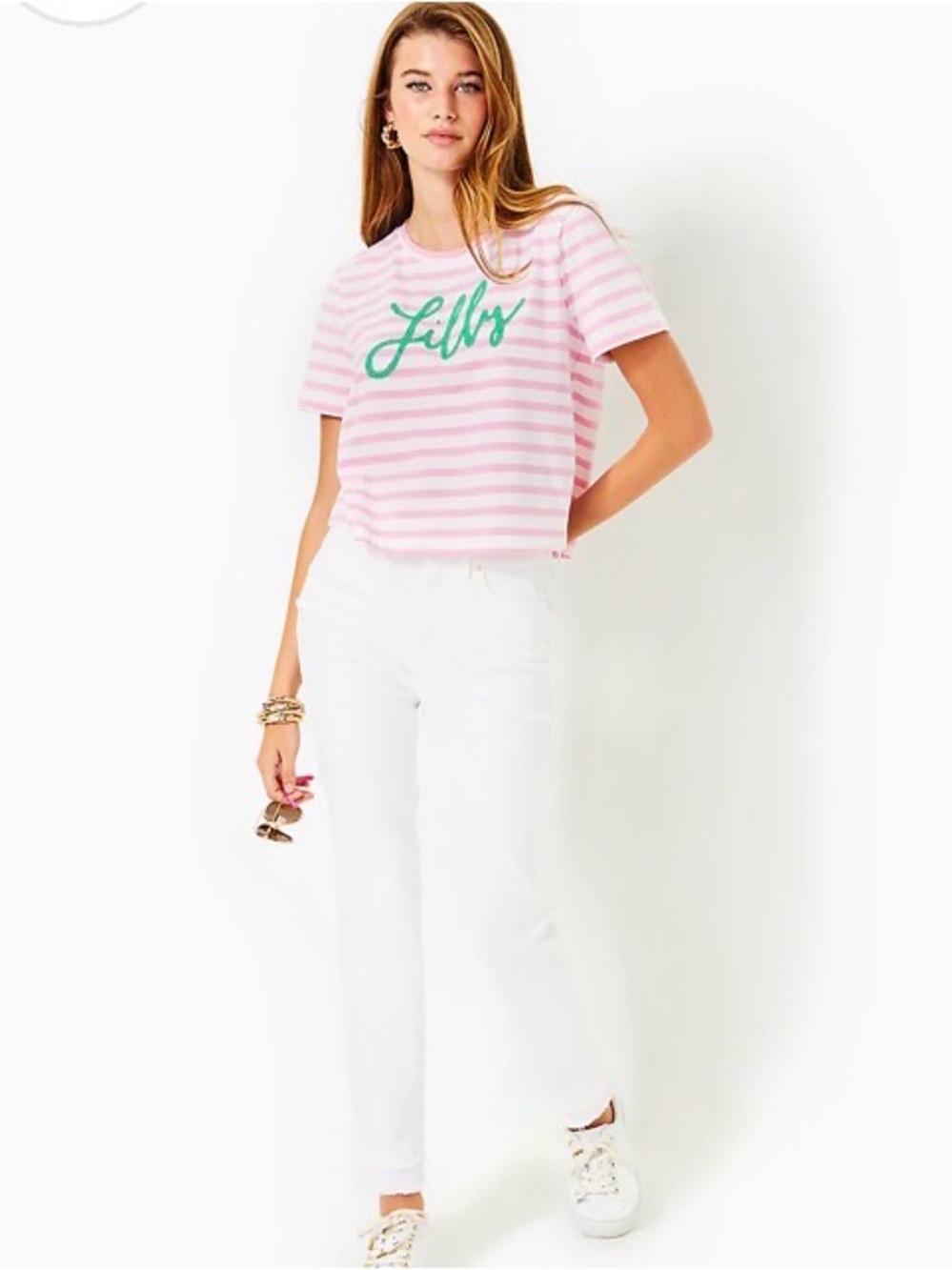 Lilly Pulitzer Pink & White Striped Tee with Beaded Green Script Logo